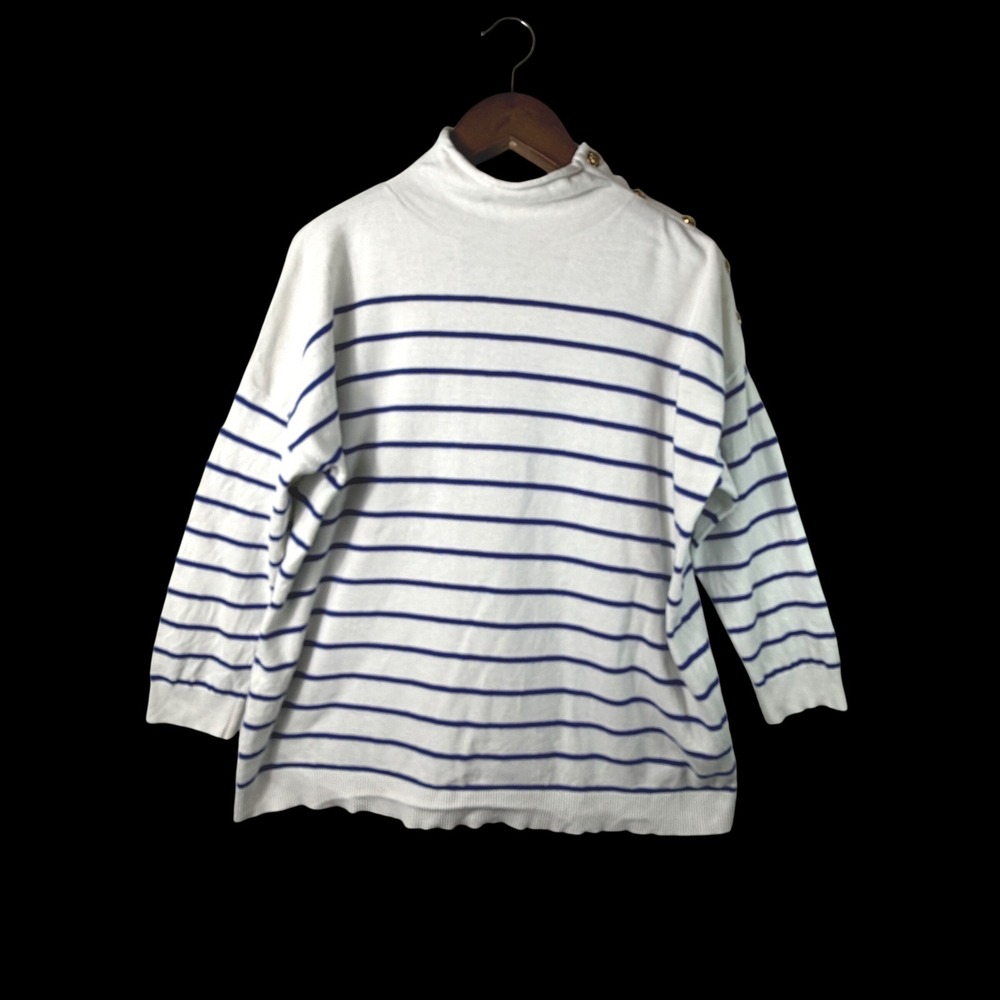 Lauren Ralph Lauren Sweater White Blue Striped Gold Button Nautical Preppy 1X